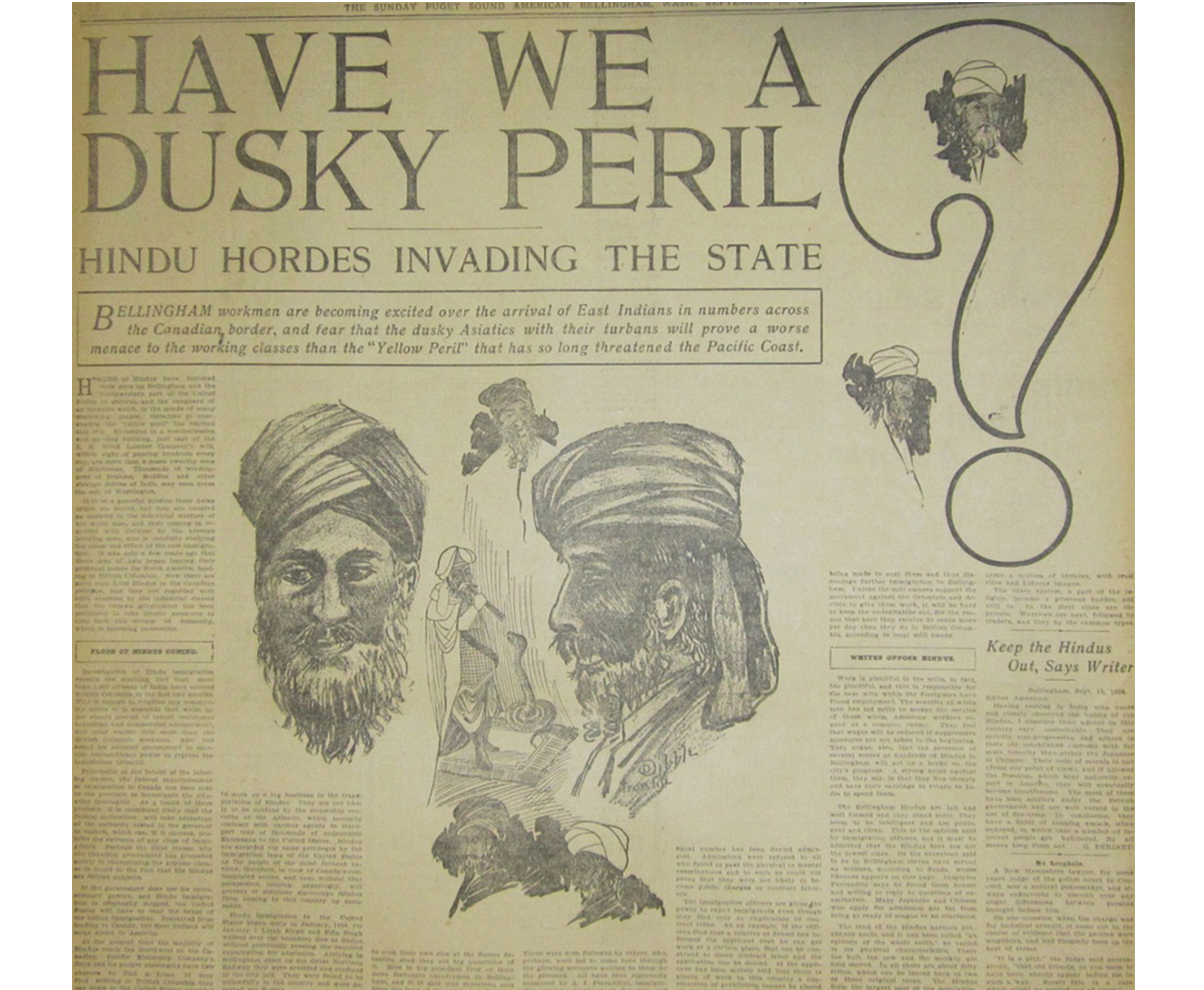 An article from the September 16, 1906 Puget Sound American describing recent Hindu immigra-tion to Bellingham, Washington. Photo courtesy of South Asian American Digital Archive.