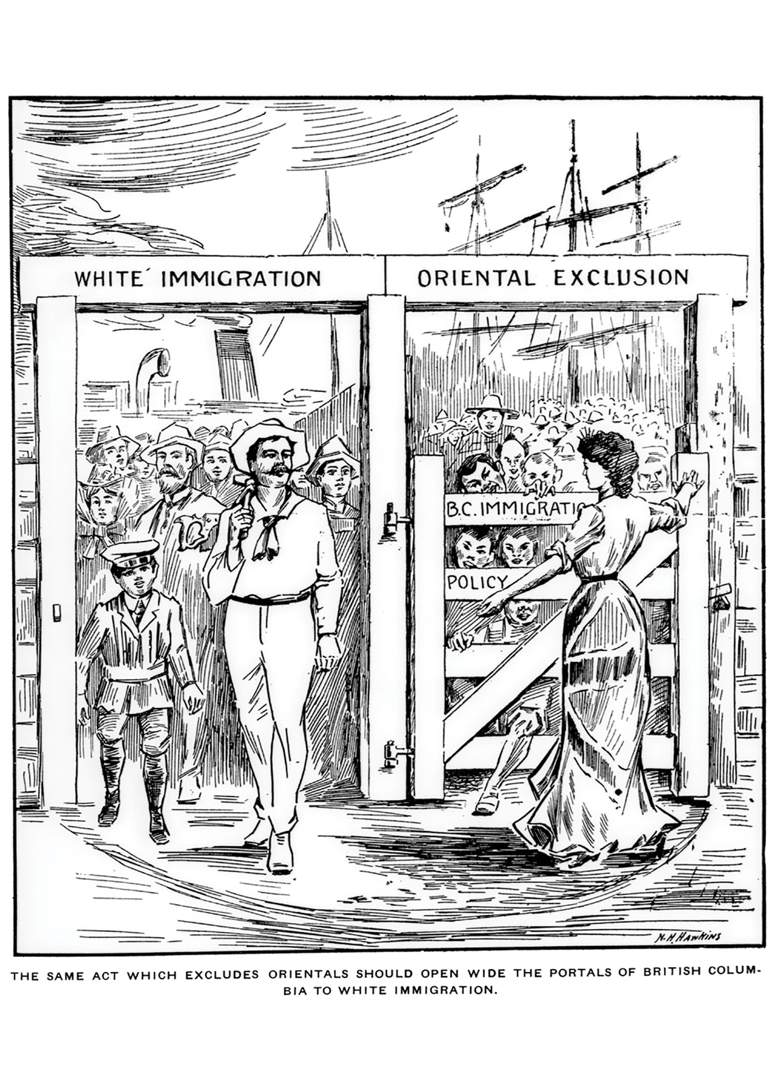 B.C. Saturday sunset, The British Columbia Saturday sunset Immigration cartoon, August 24, 1907